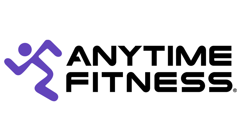 Anytime Fitness logo with purple running figure and black text on white background