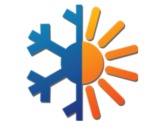 A circular icon divided in half: a blue snowflake on the left and an orange sun with rays on the right.