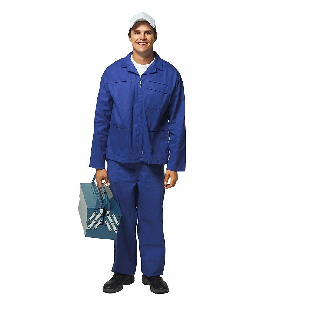 A smiling person wearing a blue uniform and white cap, holding a metal toolbox against a white background.