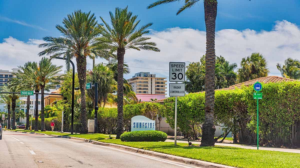 A sunny street lined with palm trees, a 30 mph speed limit sign, and a neighborhood welcome sign on a grassy verge.