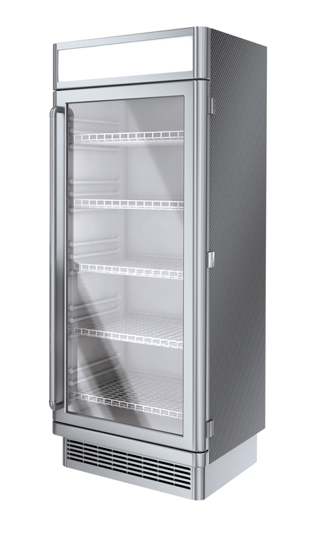 A single-door commercial refrigerator with a glass front and interior shelves, set against a white background.
