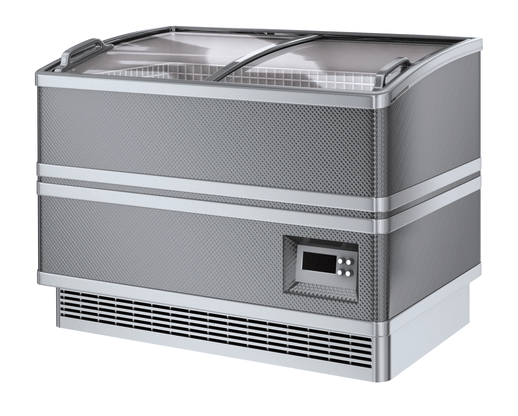 A modern, grey commercial chest freezer with sliding glass lids and a digital control panel on the front.