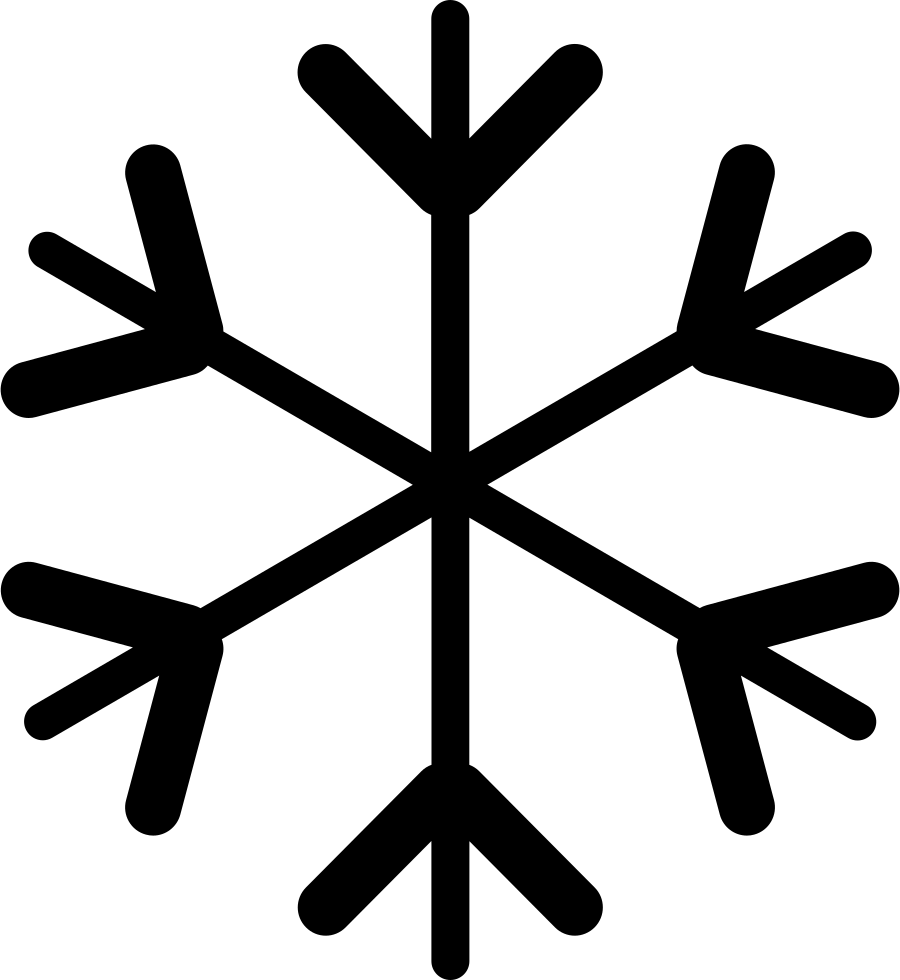Un sencillo icono en blanco y negro de un copo de nieve simétrico de seis puntas.