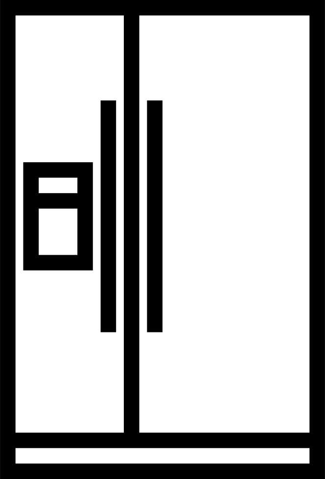 Icono en blanco y negro de un frigorífico de dos puertas con dispensador de agua y hielo en la puerta izquierda.