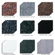 A grid of nine stone samples including granite and marble in various colors and textures, each labeled with its variety.