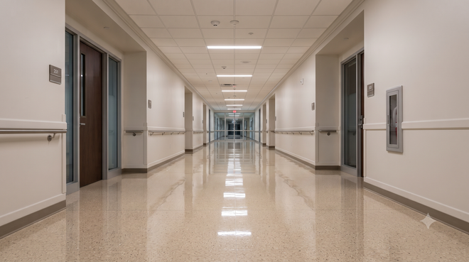Empty school hallway with beige walls, polished floor, and doors on both sides