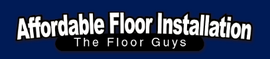 Affordable Floor Installation logo with white text on a blue and black background, subtitle “The Floor Guys”