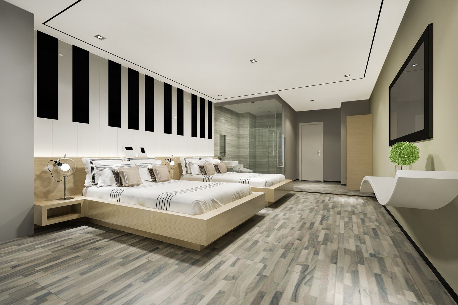 Modern minimalist bedroom with a low platform bed, wood flooring, and black-and-white wall accents.