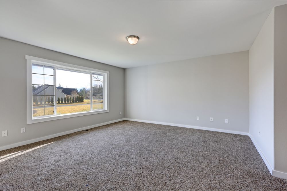 Empty gray carpeted living room with large window and ceiling light