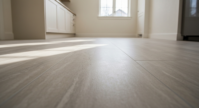 Bright empty room with light wood floor and sunlight streaming through a window
