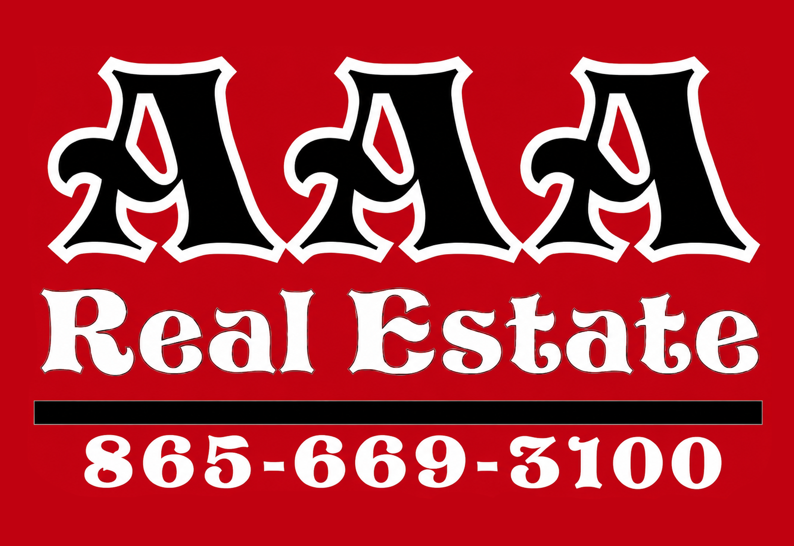 AAA Real Estate logo on red background with phone number 865-669-3100