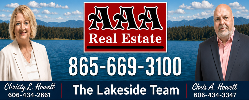 AAA Real Estate Lakeside Team banner with phone numbers and two agents by a lake background
