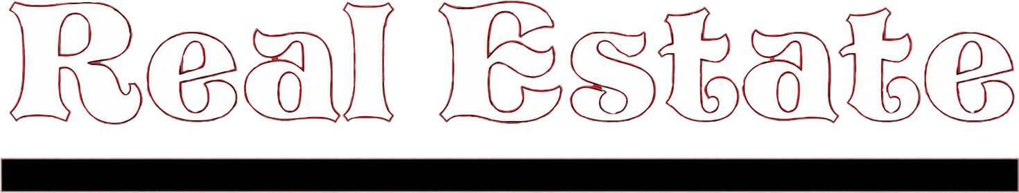 “Real Estate” title in large decorative white text with a gray shadow on a black-and-white banner.