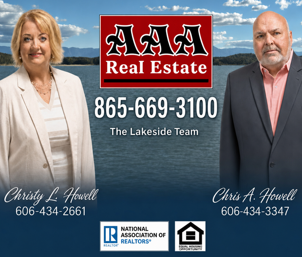 AAA Real Estate ad with phone numbers and two agents on a blue sky background