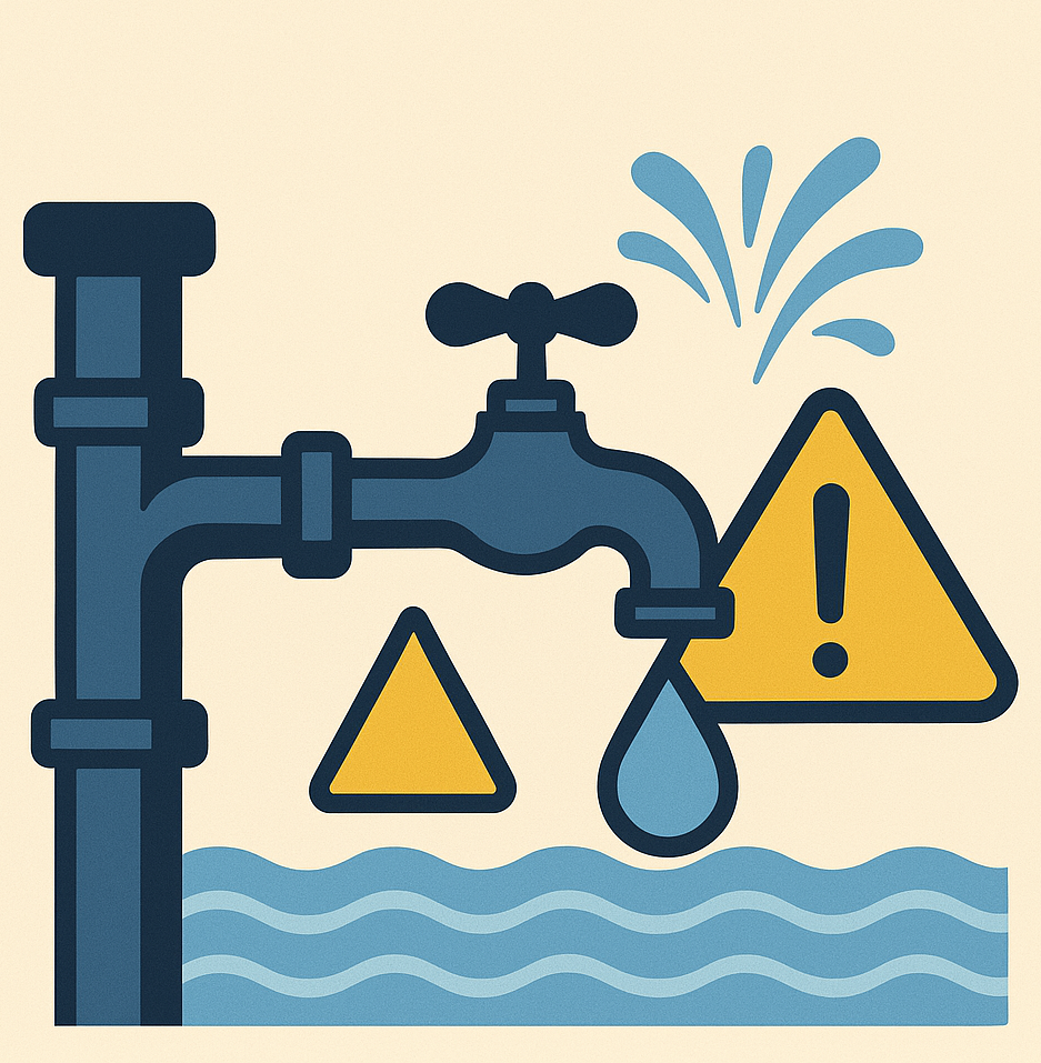 an illustration of water hammer with a pipe an a tap and waring signs