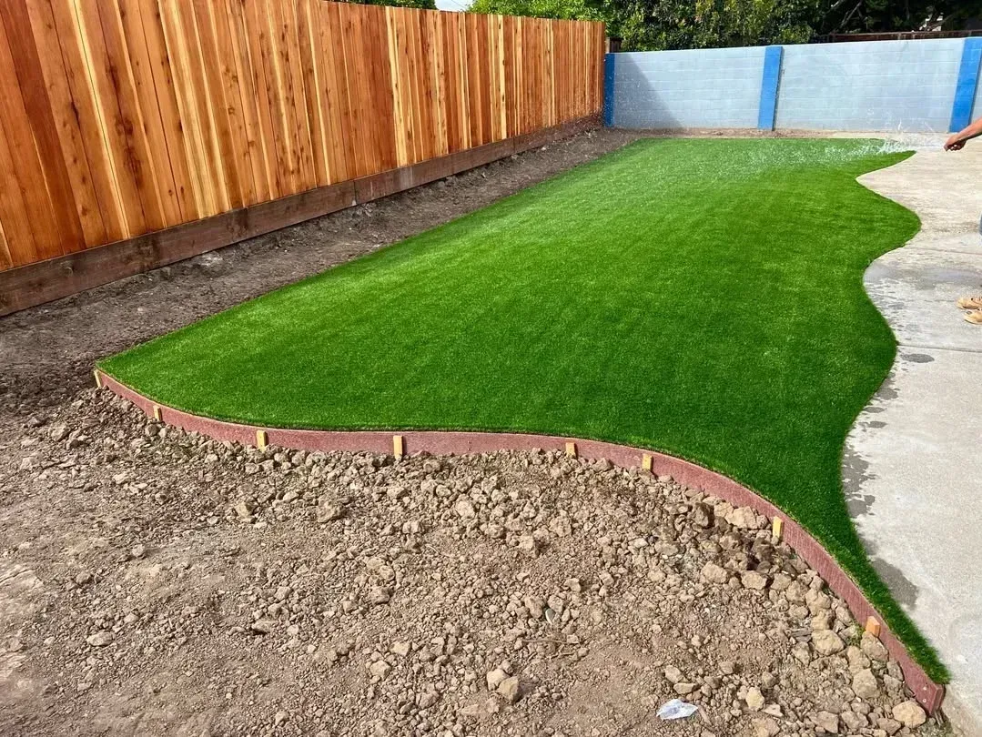 Curved green lawn bordered by red edging, with a wooden fence and concrete walkway in a backyard.