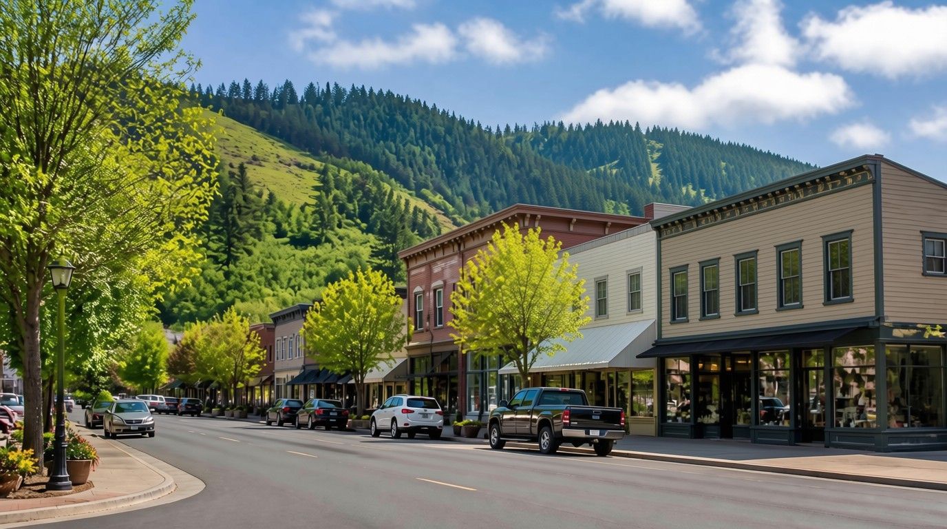 Living in Oakland, OR with historic downtown buildings and surrounding green hills