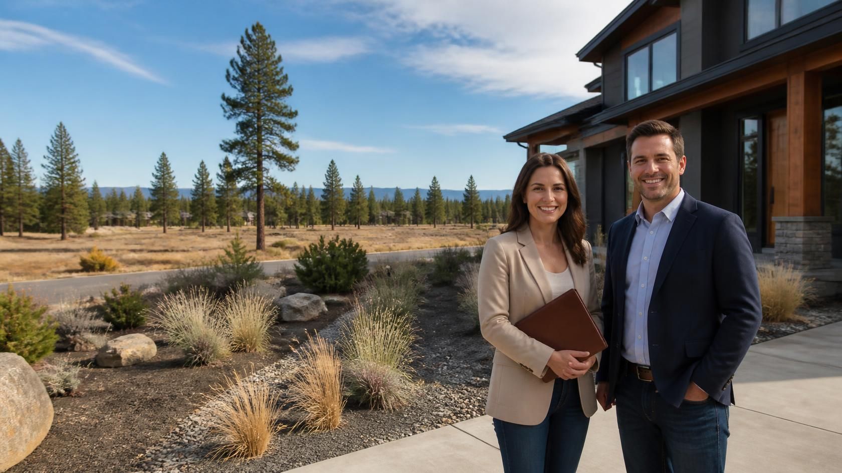 Real estate agents in La Pine, OR, standing outside a home in Central Oregon