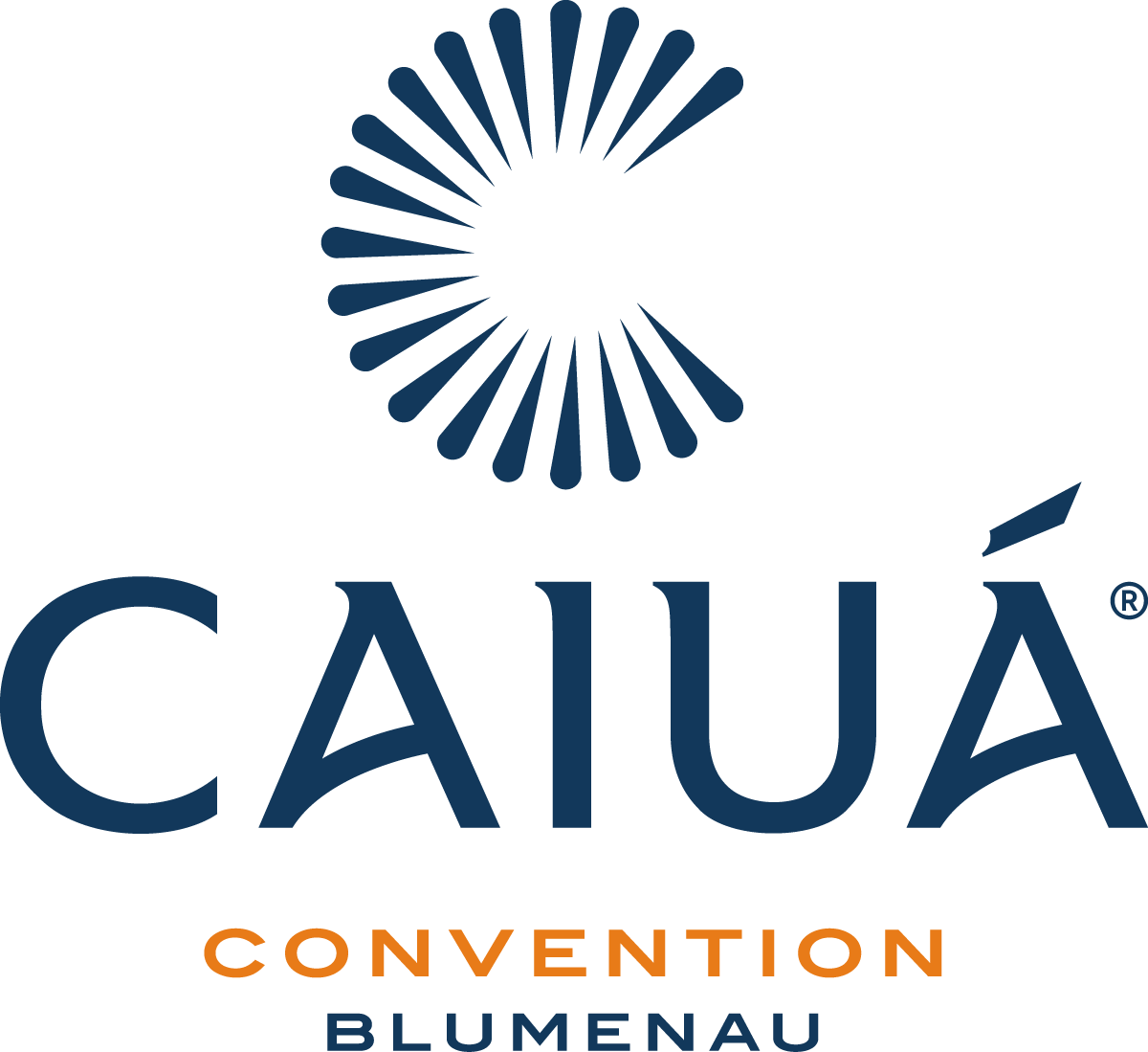 Logotipo para a Convenção Caiuá Blumenau. Texto azul e laranja, 