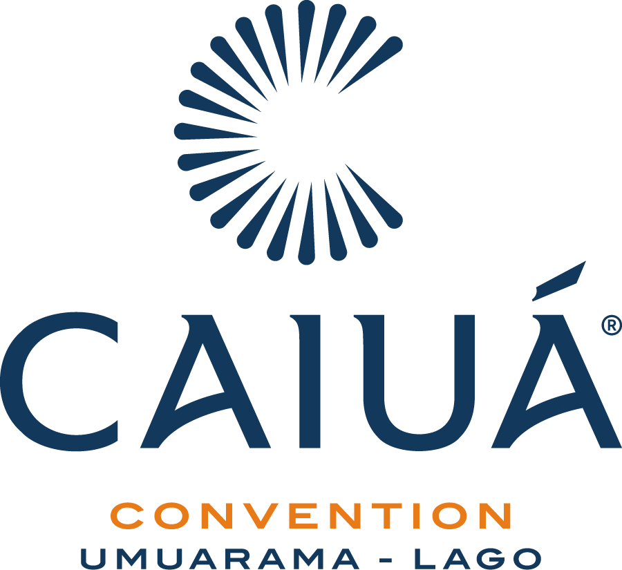 Logo for CAIUÁ Convention in Umuarama-Lago, with a dark blue sunburst above the word CAIUÁ, and
