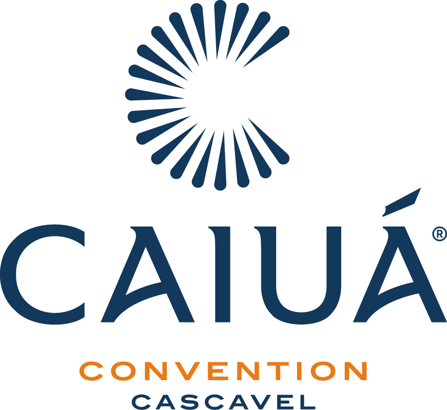 Logo for Caiuá Convention Cascavel; navy blue text and symbol, orange text below.