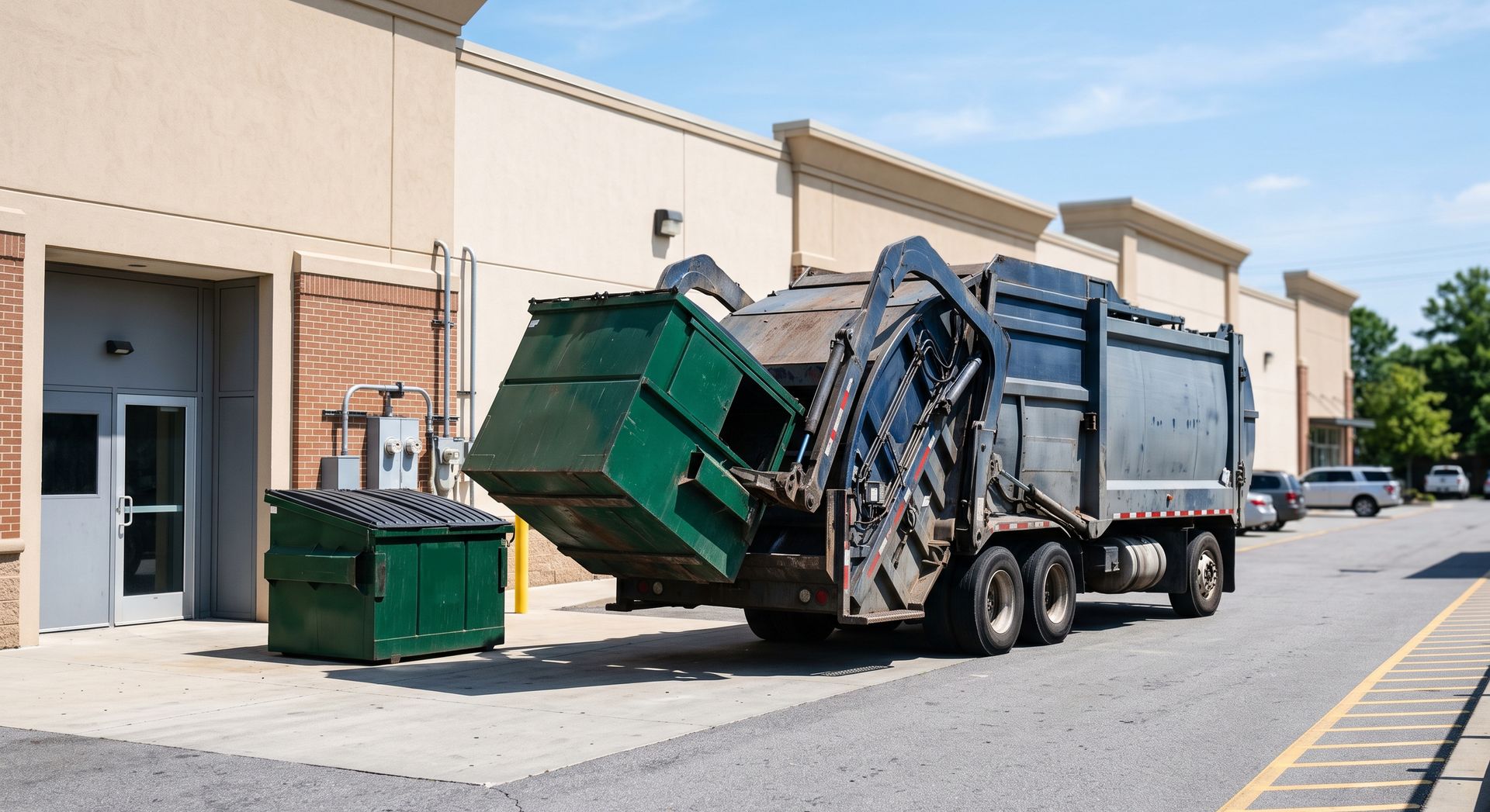 Front-load commercial dumpster being emptied by a garbage truck behind a Denver business