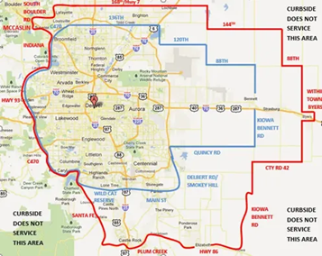 Map showing a service area with a red border indicating 