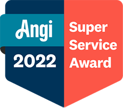 a blue and red badge that says angi super service award 2022