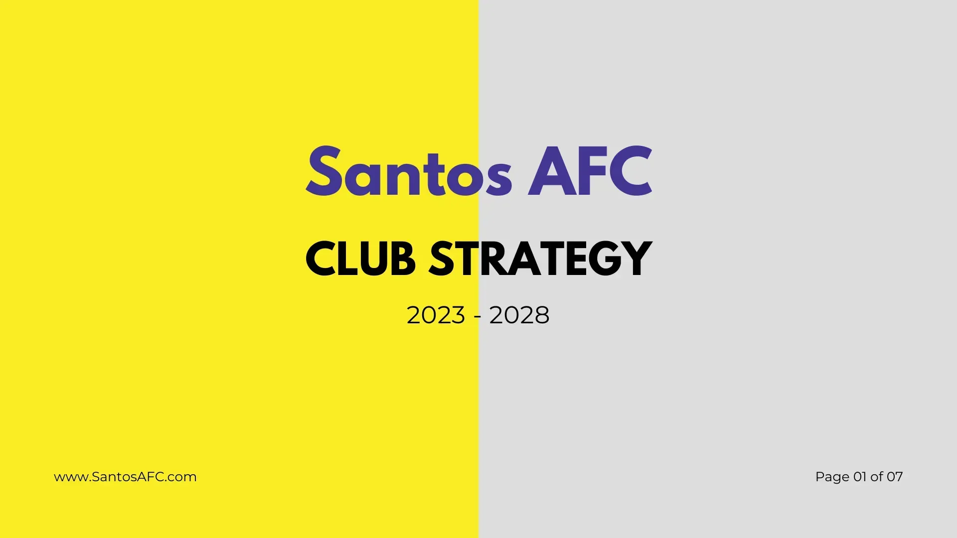 Santos AFC club strategy cover in yellow and gray, 2023–2028