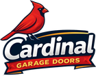 Red cardinal perched above Cardinal Garage Doors logo in white, red, and navy