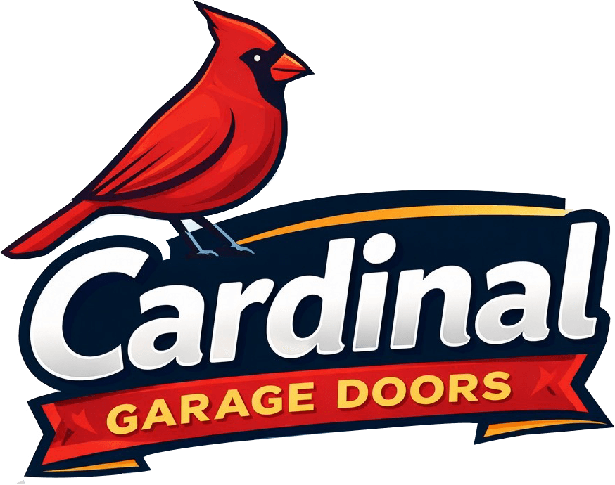 Red cardinal perched above Cardinal Garage Doors logo in white, red, and navy