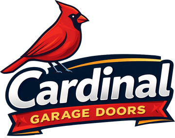 Red cardinal perched above Cardinal Garage Doors logo in white, red, and navy