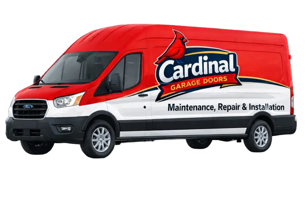White Cardinal Garage Doors service van with red branding and “Maintenance, Repair & Installation” text.