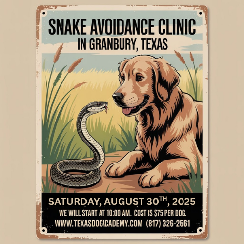 Sign for a snake avoidance clinic in Granbury, Texas: Golden Retriever facing a snake in a field; 