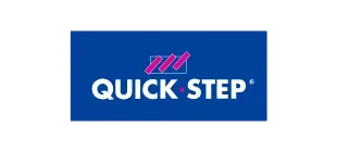 The Quick-Step brand logo, featuring white text on a blue rectangular background with three magenta slanted lines above.
