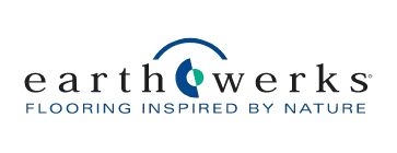 The EarthWerks logo featuring a dark blue stylized arch over the letter 'h' and the slogan "FLOORING INSPIRED BY NATURE".