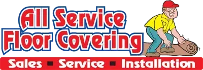 Logo for All Service Floor Covering featuring a worker rolling out carpet above the text "Sales - Service - Installation".