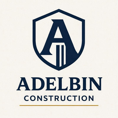 Adelbin Construction logo with navy shield and stylized A above company name on a light background