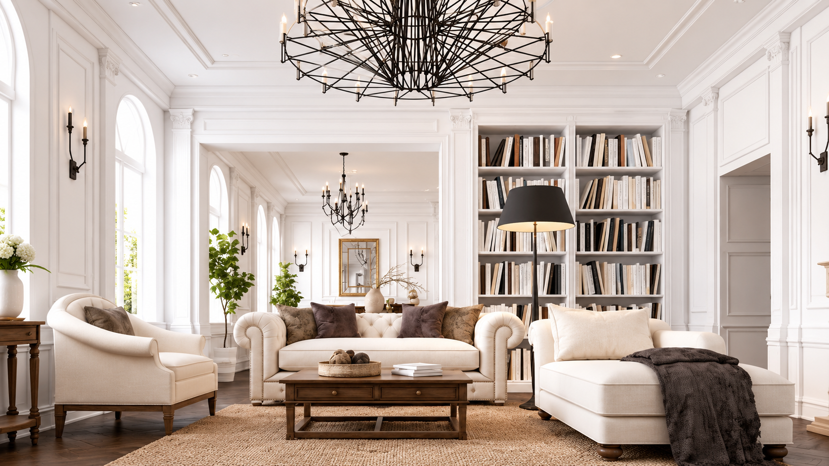 Elegant white living room with chandelier, fireplace, bookshelves, and plush armchairs