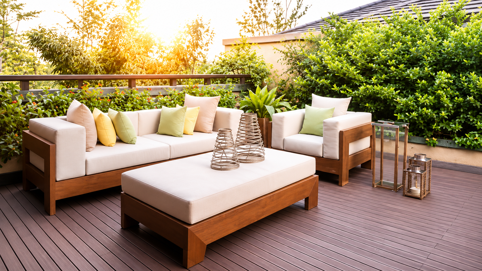 Modern outdoor patio seating with beige cushions, white pillows, and lanterns on a wooden deck
