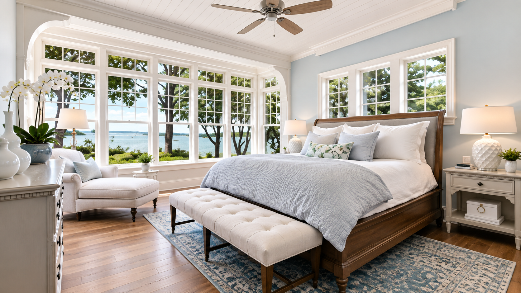 Bright coastal bedroom with a bed, seating, ceiling fan, and large windows overlooking water
