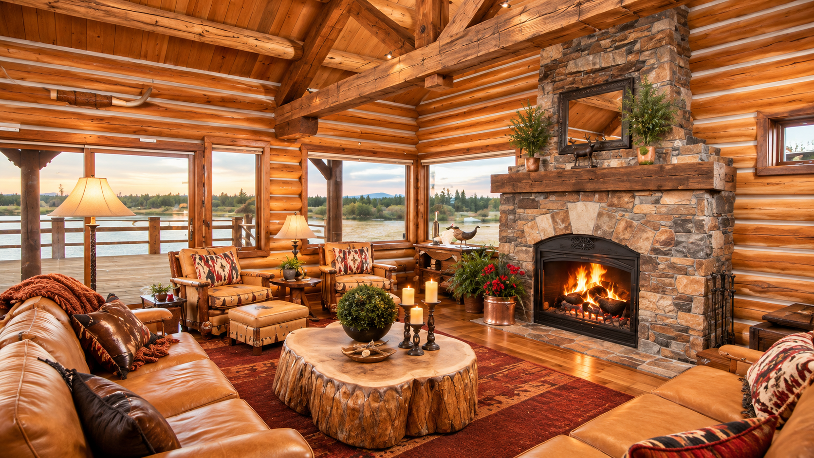 Cozy log cabin living room with leather sofas, stone fireplace, and large windows overlooking a lake
