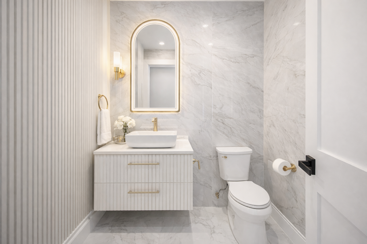 Modern white bathroom with marble walls, vanity sink, arched mirror, toilet, and toilet paper holder