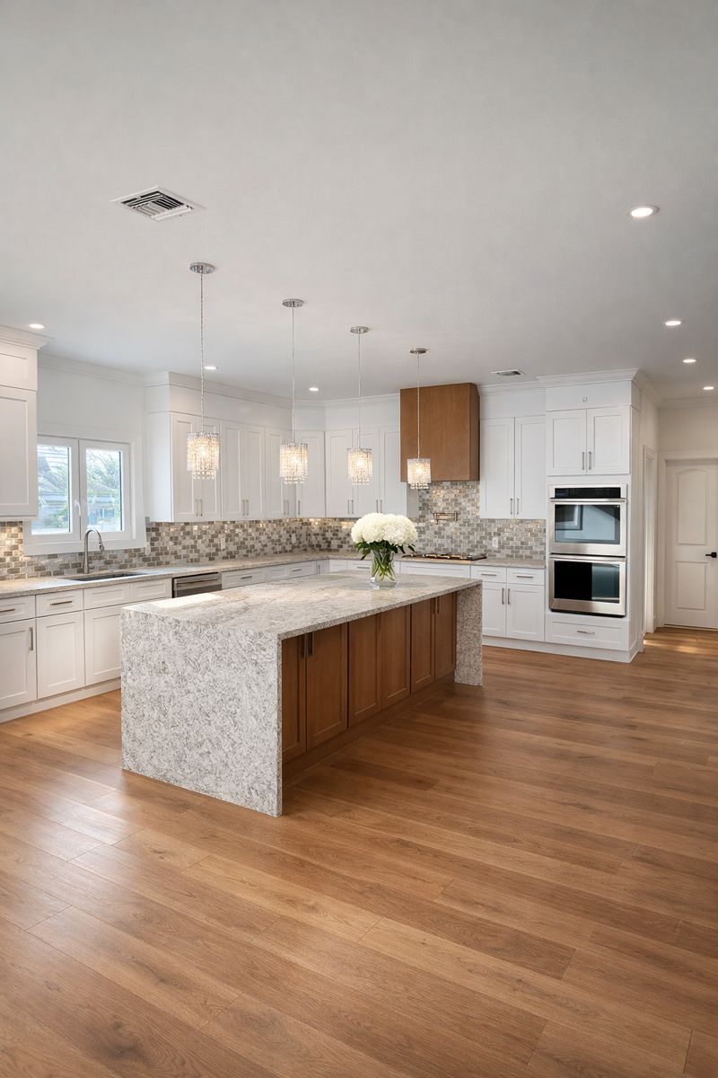 Bright modern kitchen with white cabinets, wood floors, marble island, and pendant lights