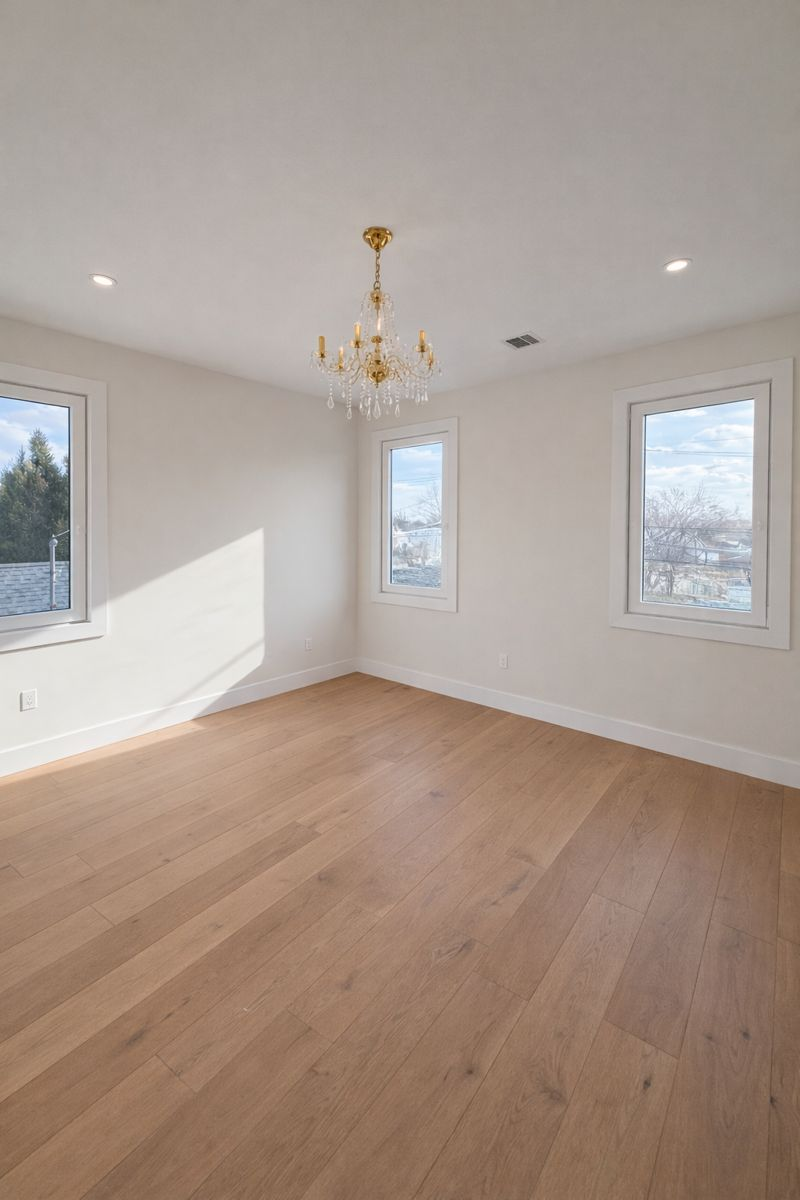 Empty bright room with white walls, light wood floors, recessed lights, and a small chandelier.