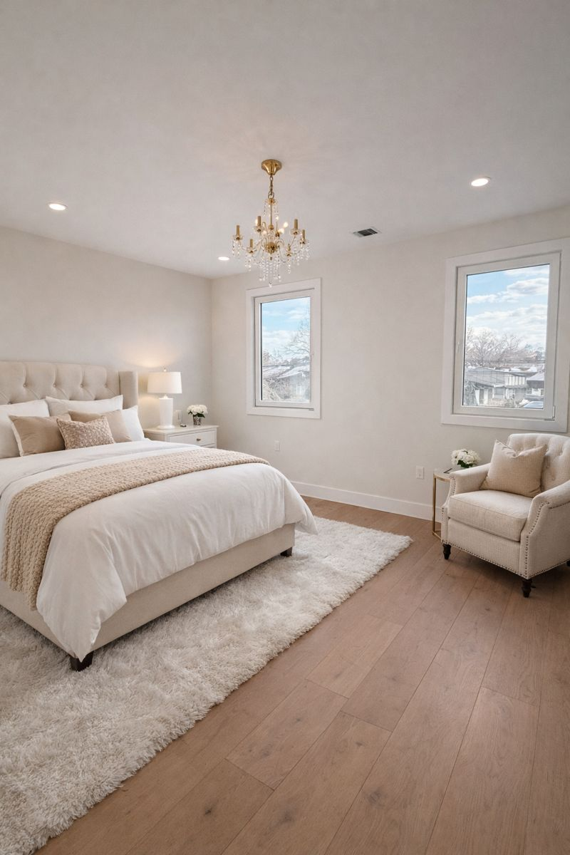 Bright bedroom with a white bed, two windows, a chair, and a chandelier on light wood floors