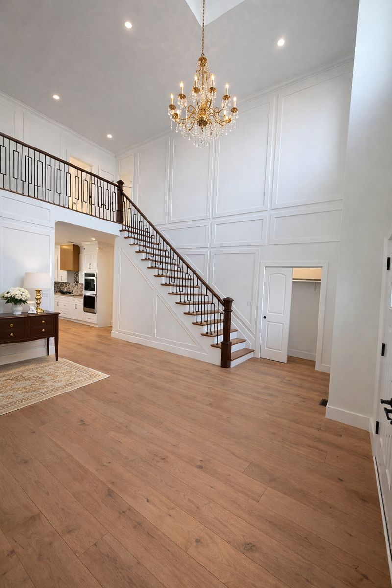 Bright white foyer with high ceiling, chandelier, wood floors, and staircase leading to an upstairs balcony