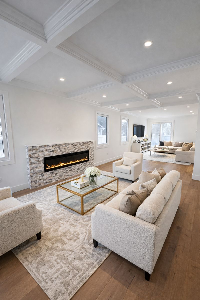 Bright modern living room with stone fireplace, white sofas, wood floor, and neutral decor