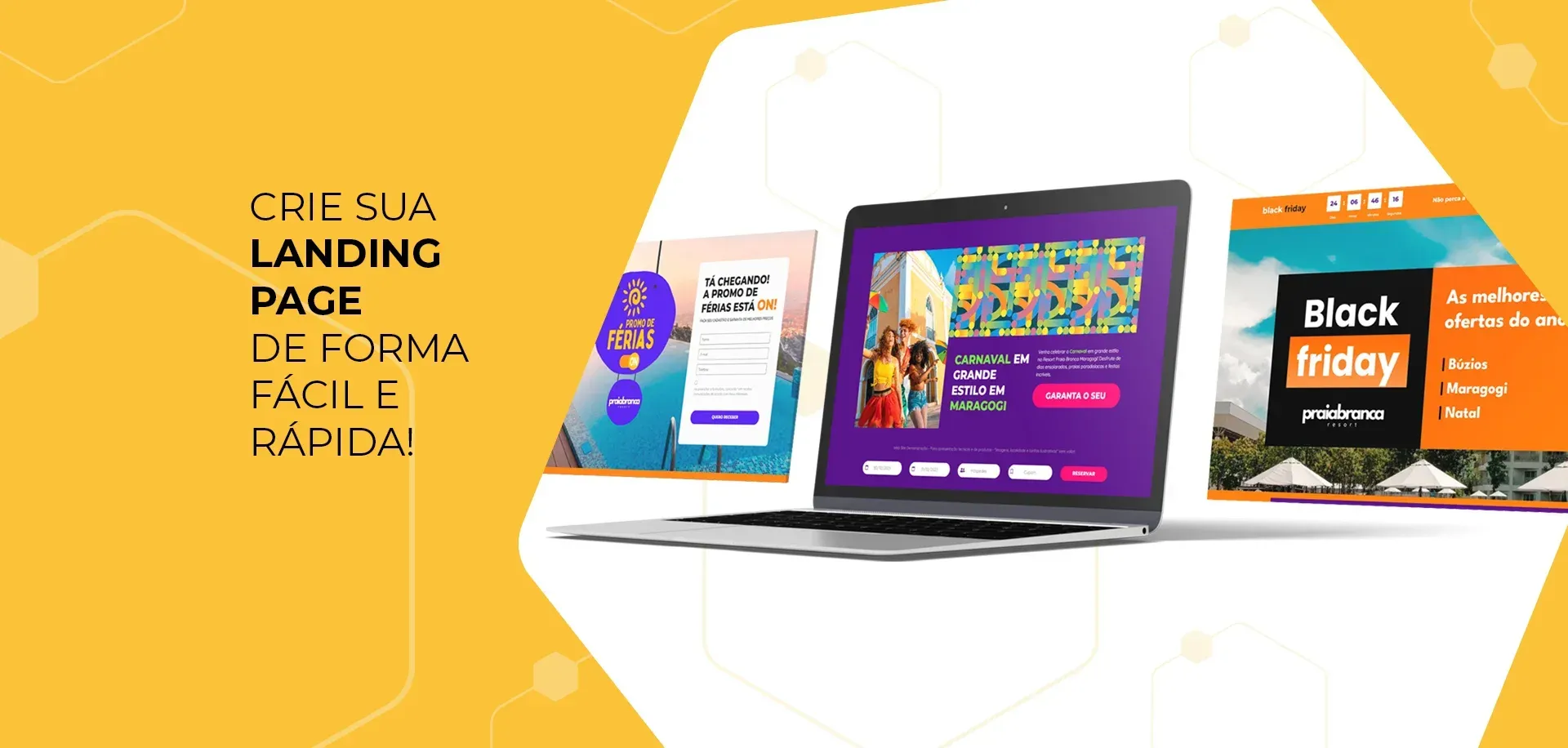 Três modelos de páginas de destino de sites em fundo laranja, mostrando telas de laptops e celulares com designs criativos.