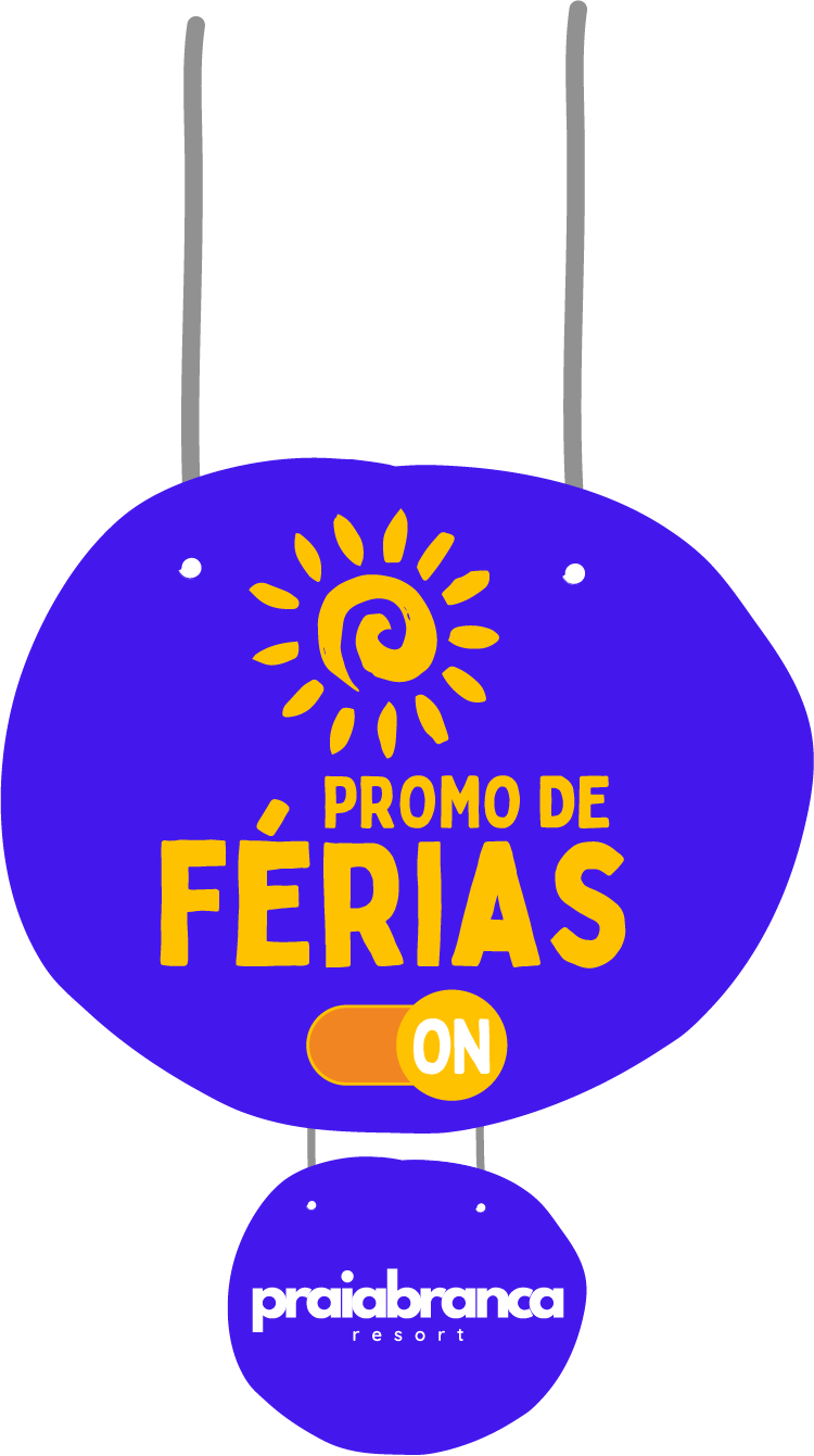 Placa promocional roxa de férias com ícone de sol amarelo e a inscrição “PROMOÇÃO DE FÉRIAS” para Praia Branca.